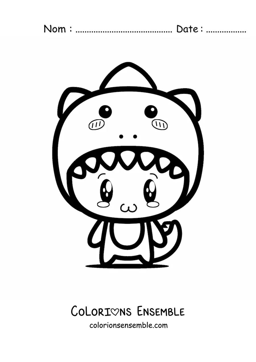 Coloriage d'un garçon déguisé en dinosaure kawaii