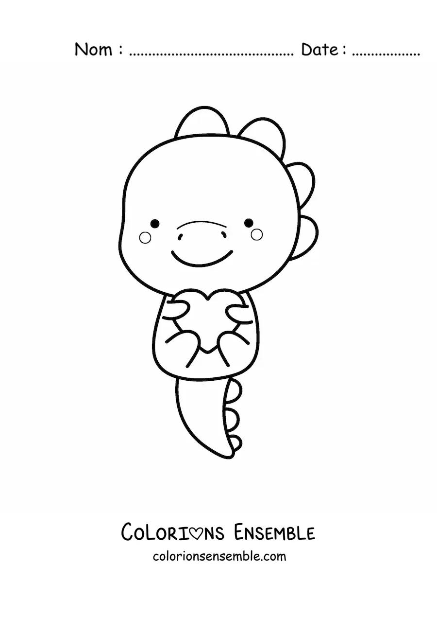 Coloriage d'un tyrannosaure kawaii avec un cœur