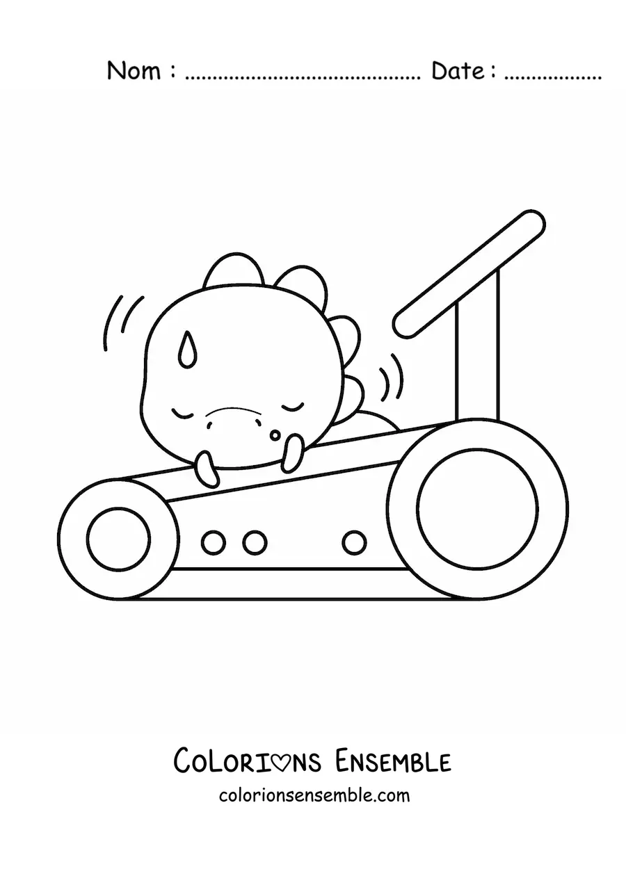 Coloriage d'un dinosaure kawaii fatigué sur le tapis de course