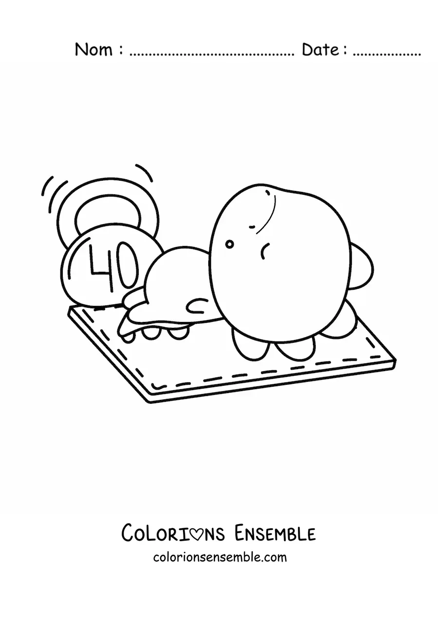 Coloriage d'un dinosaure kawaii avec un haltère à la salle de sport
