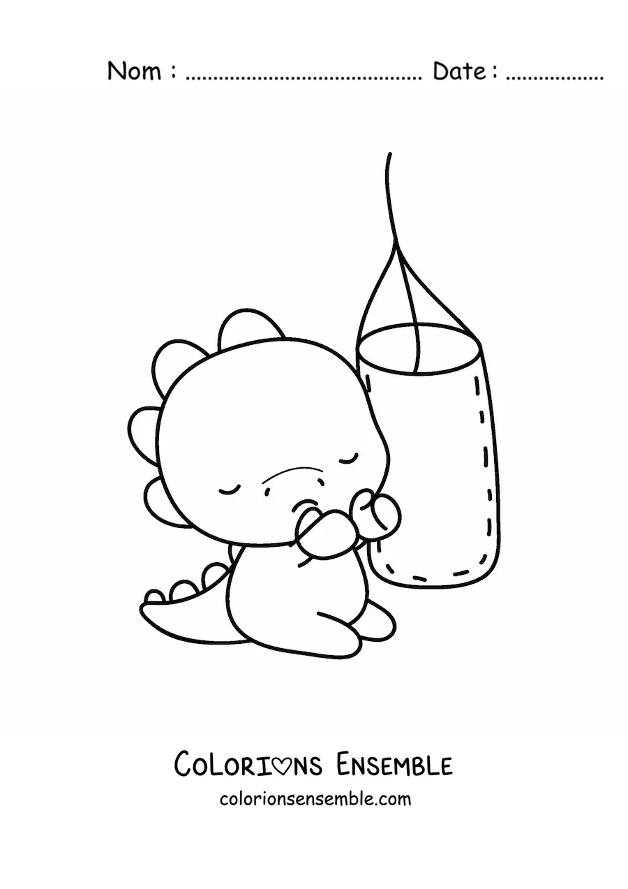 Coloriage d'un dinosaure kawaii qui frappe un sac de boxe