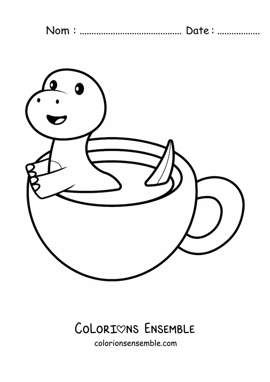 Coloriage d'un dinosaure kawaii dans une tasse
