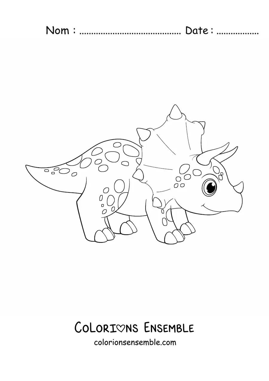 Coloriage d'un dinosaure tricératops kawaii avec des cornes