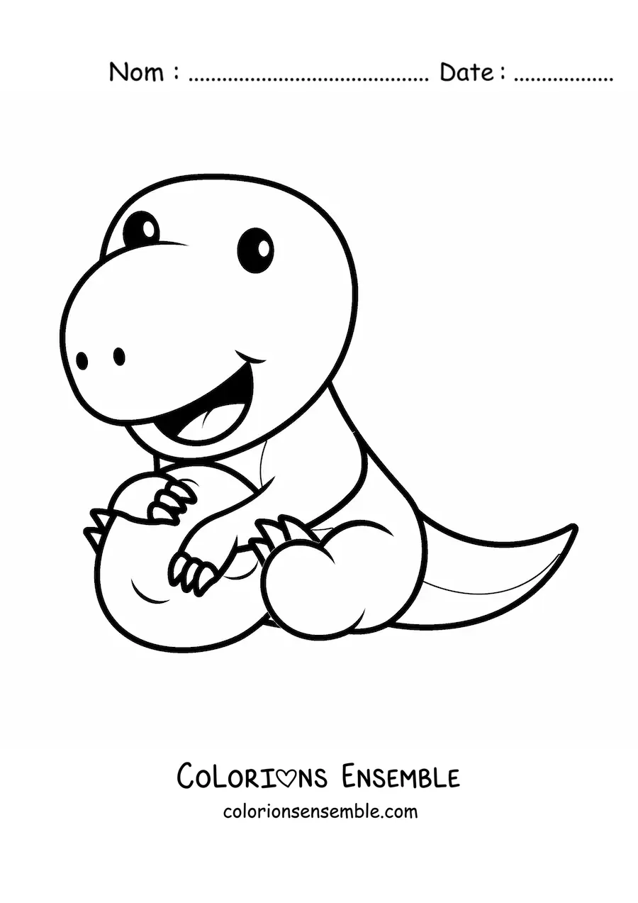 Coloriage d'un dinosaure kawaii assis avec un œuf