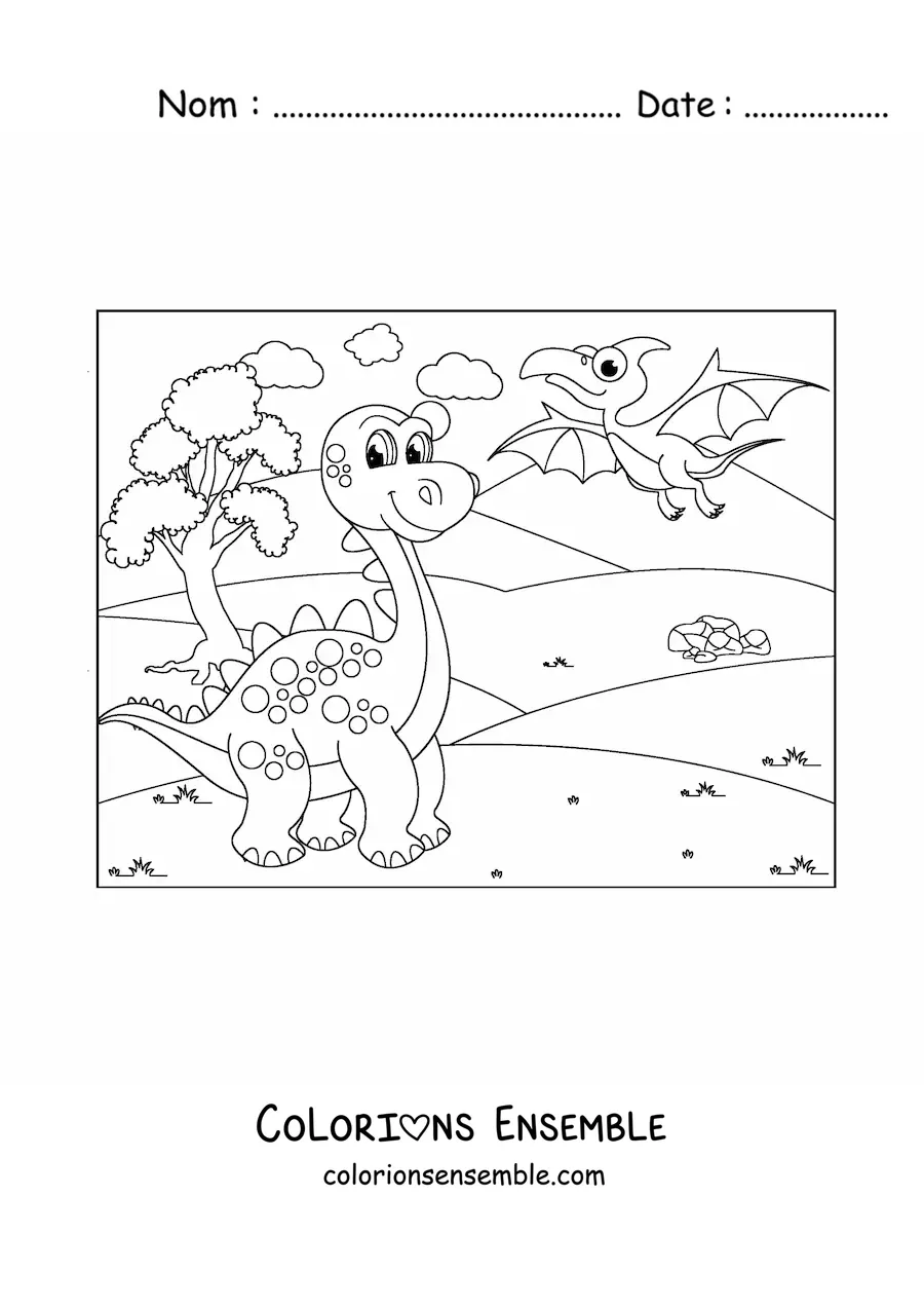 Coloriage de dinosaures animés, l'un volant et l'autre terrestre