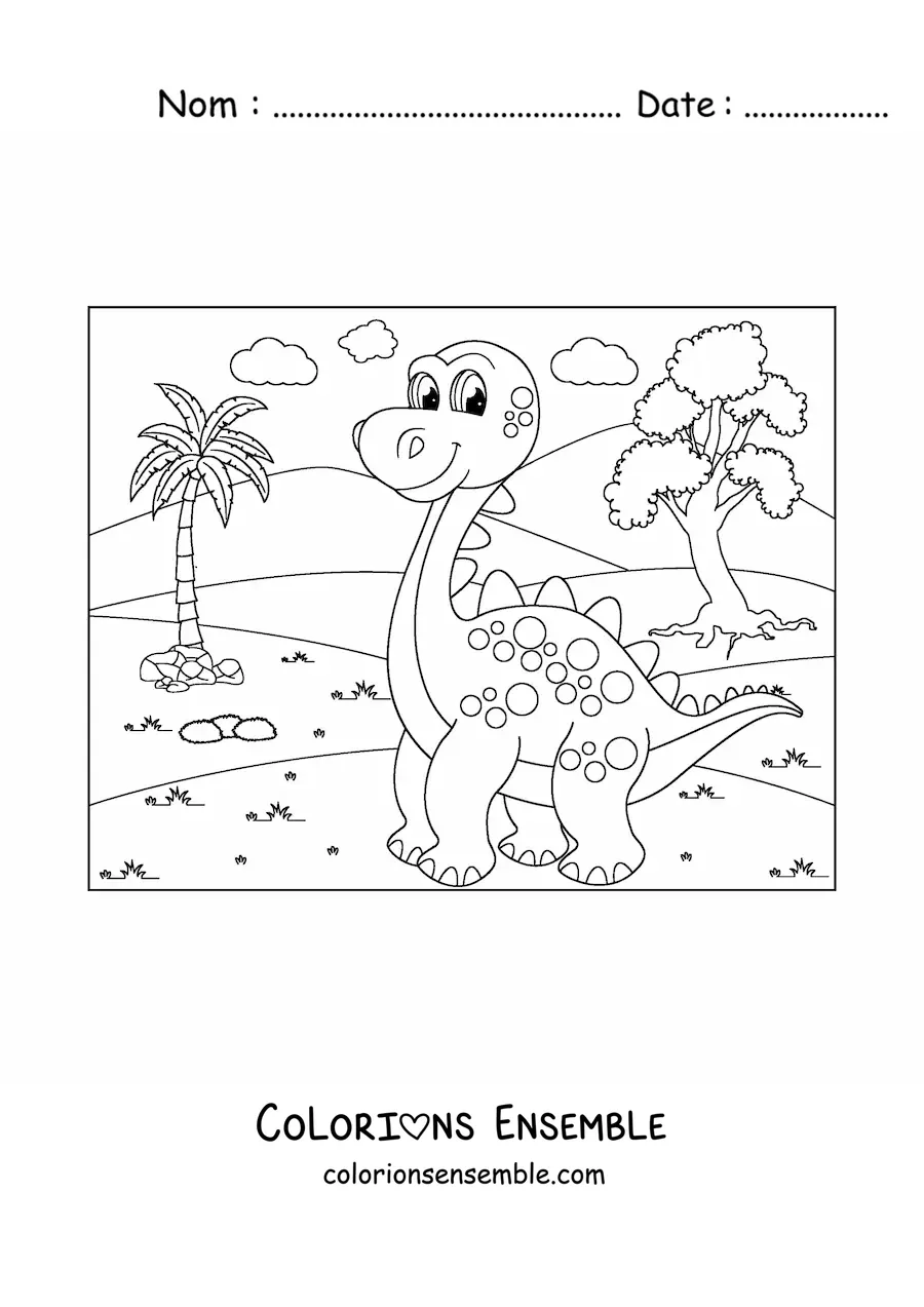 Coloriage d'un dinosaure animé au long cou dans son habitat