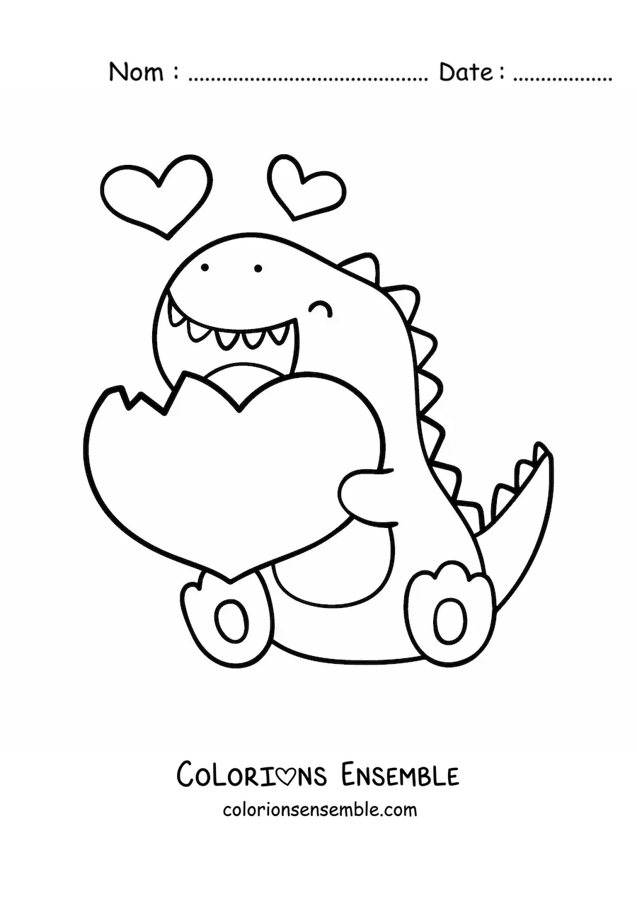 Coloriage d'un tyrannosaure rex kawaii avec un cœur