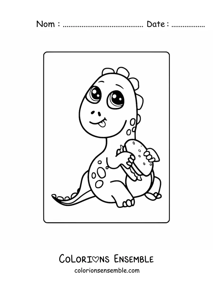 Coloriage d'un bébé dinosaure kawaii qui mange un hamburger