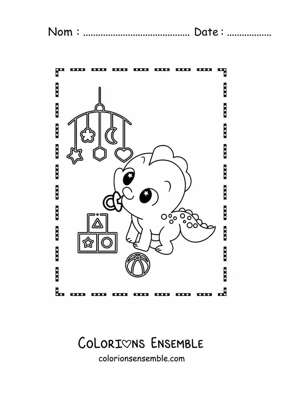 Coloriage d'un bébé dinosaure kawaii avec des jouets