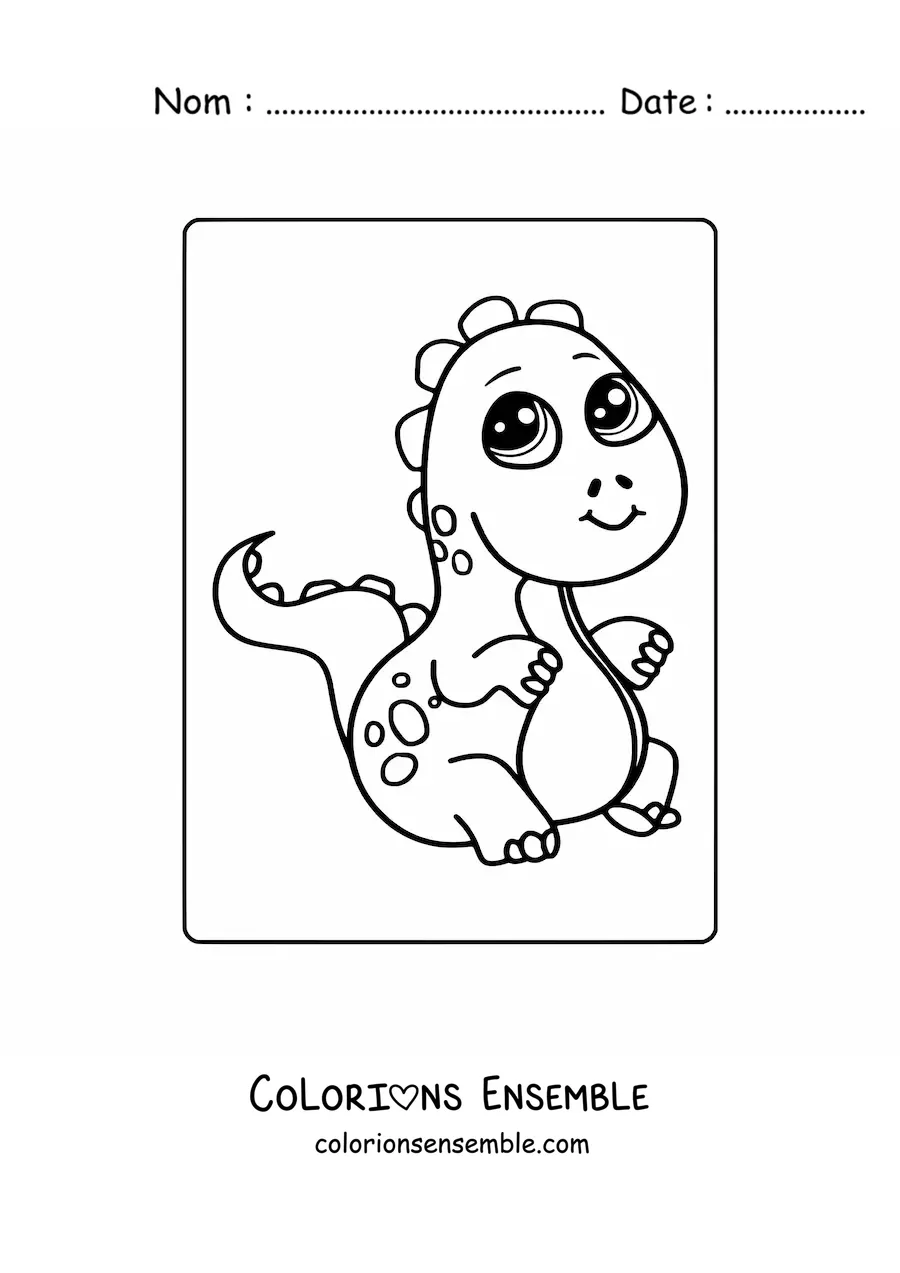 Coloriage d'un bébé dinosaure kawaii assis et souriant