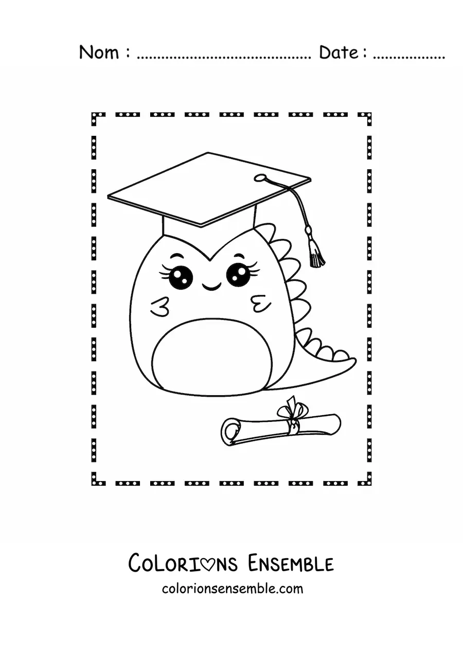 Coloriage d'un bébé dinosaure kawaii diplômé avec un diplôme et une toque
