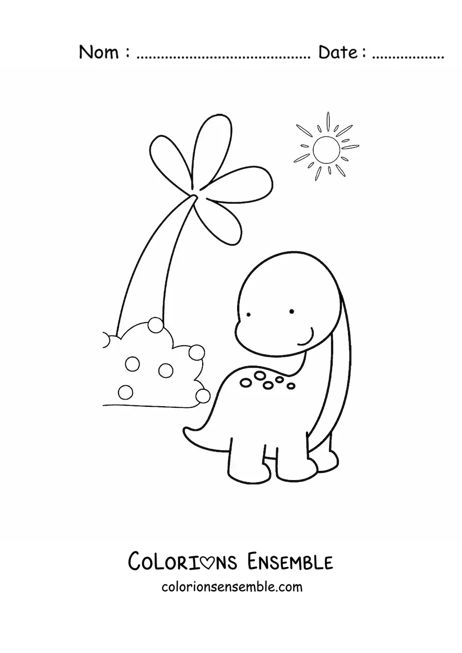 Image à colorier d'un joli bébé dinosaure au long cou dans son habitat