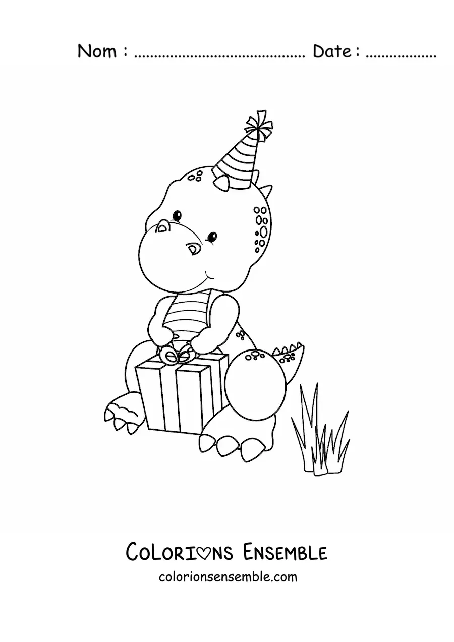 Image à colorier d'un T-Rex avec un cadeau d'anniversaire