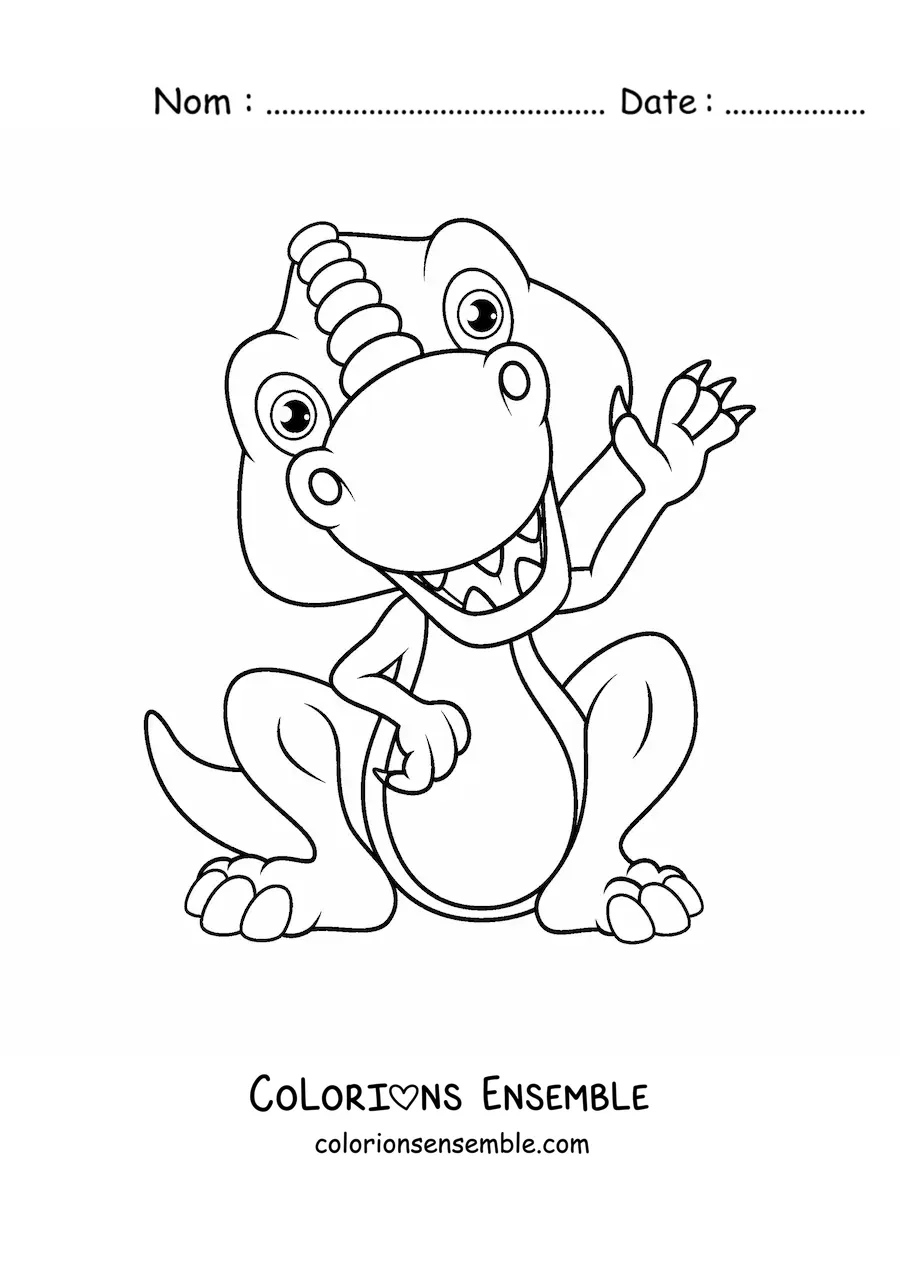 Image à colorier d'un joyeux bébé dinosaure assis qui fait coucou