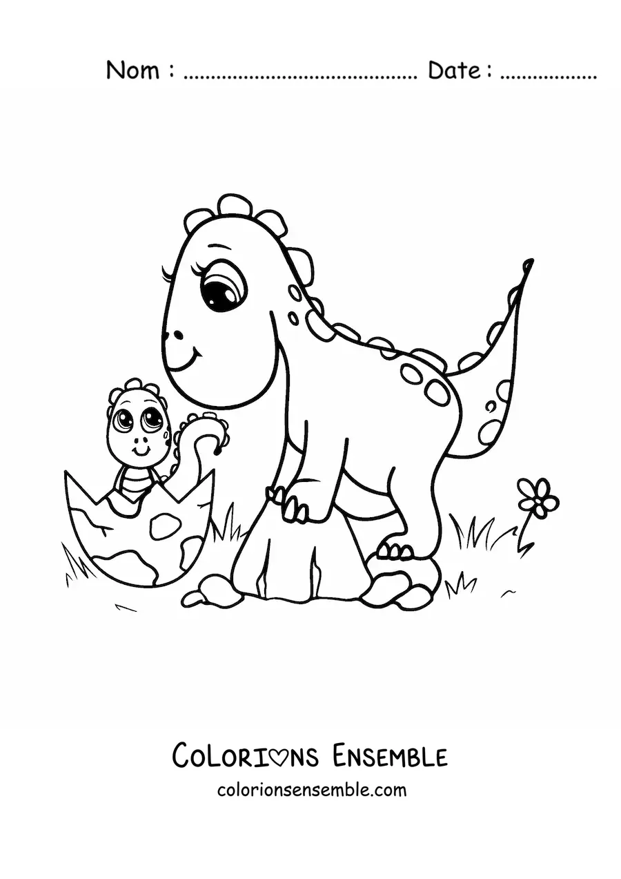 Image à colorier d'une maman avec un bébé dinosaure kawaii qui sort de l'œuf