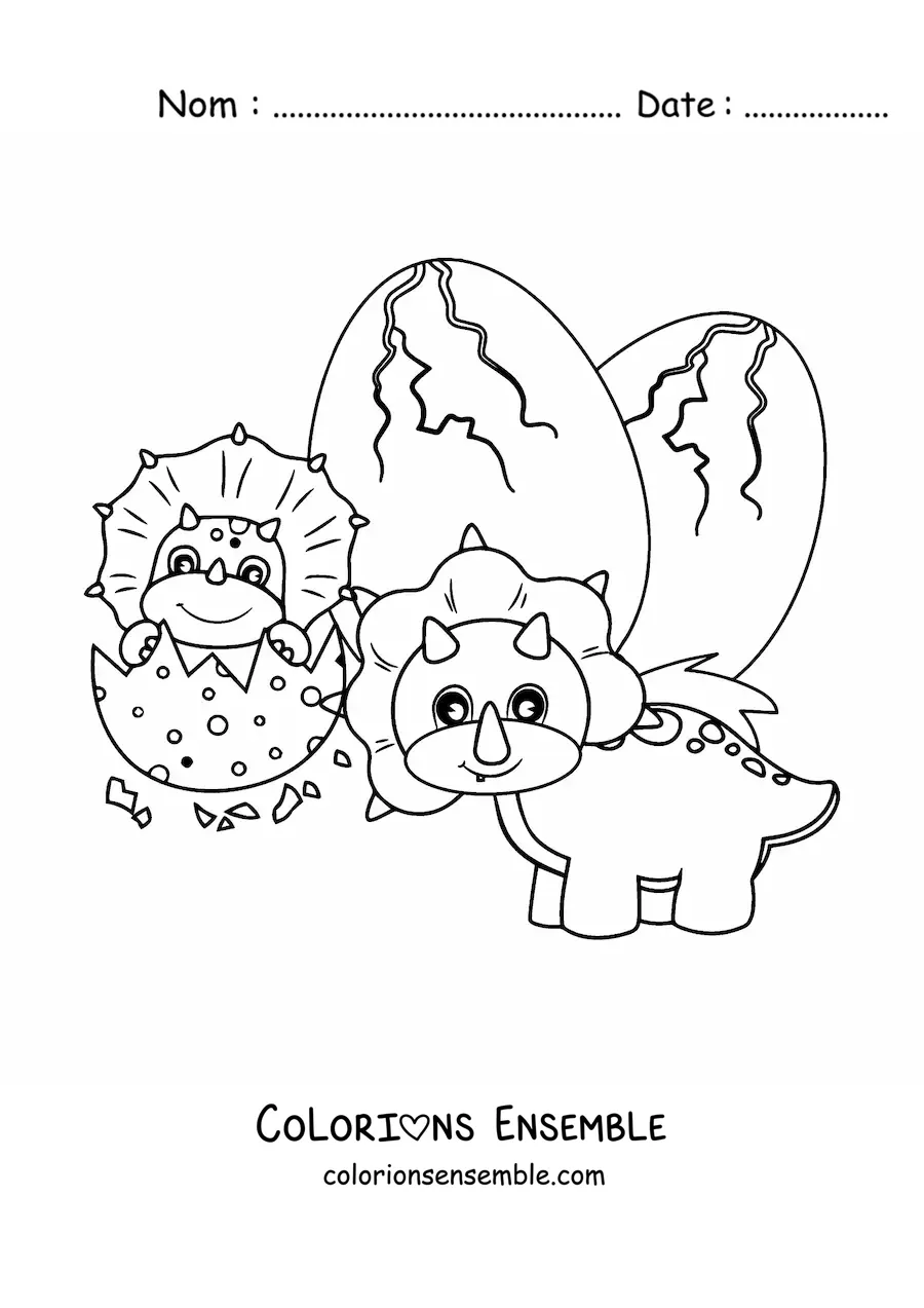Image à colorier d'un tricératops animé avec son bébé qui sort de l'œuf