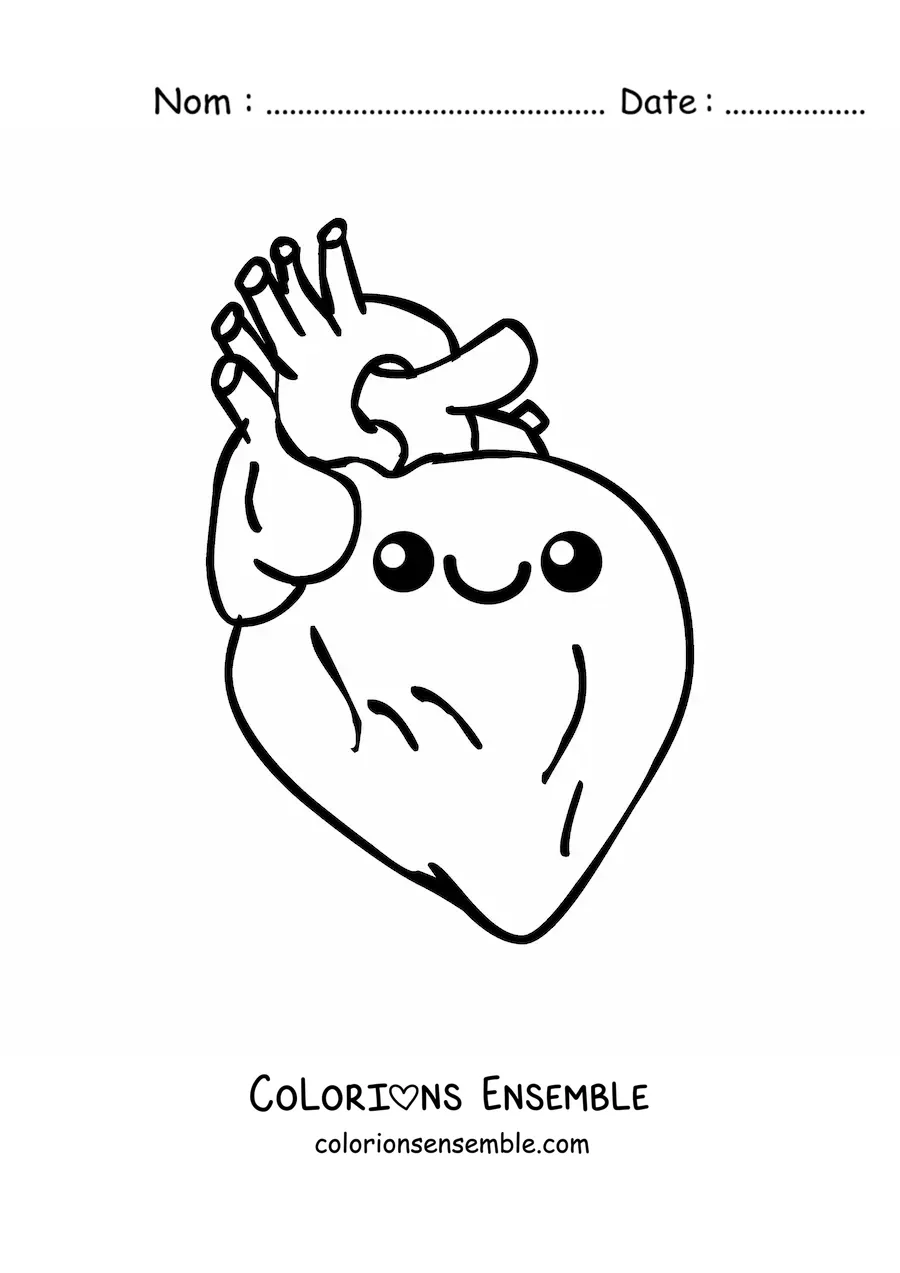 Image à colorier facile d'un cœur kawaii animé