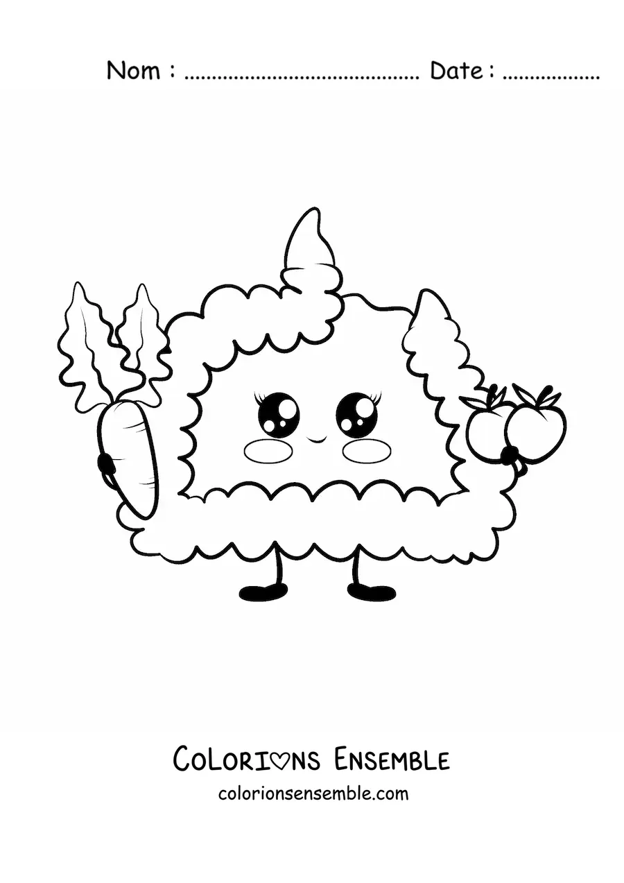 Image à colorier d'un intestin kawaii animé avec des fruits sains