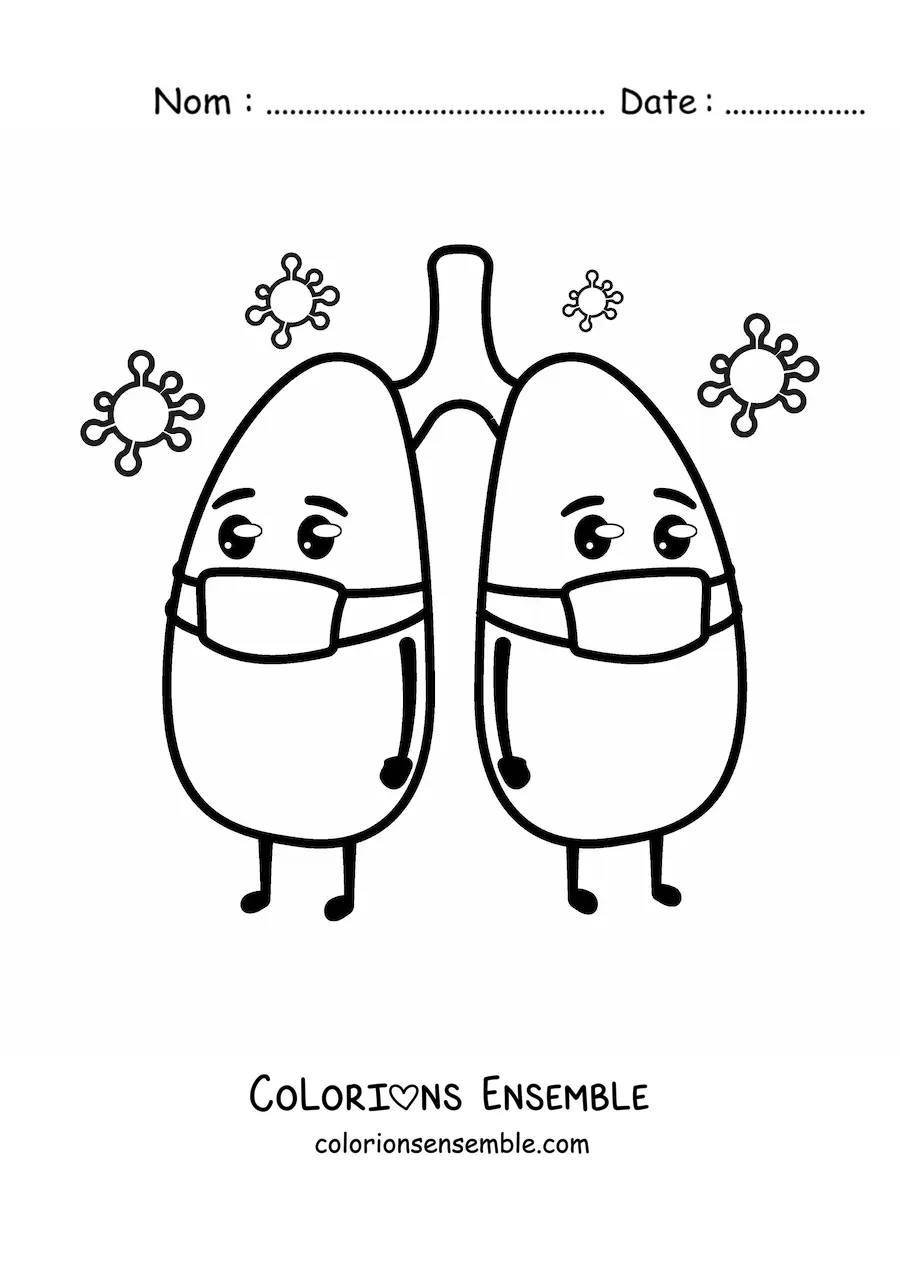 Image à colorier de poumons kawaii animés avec un masque