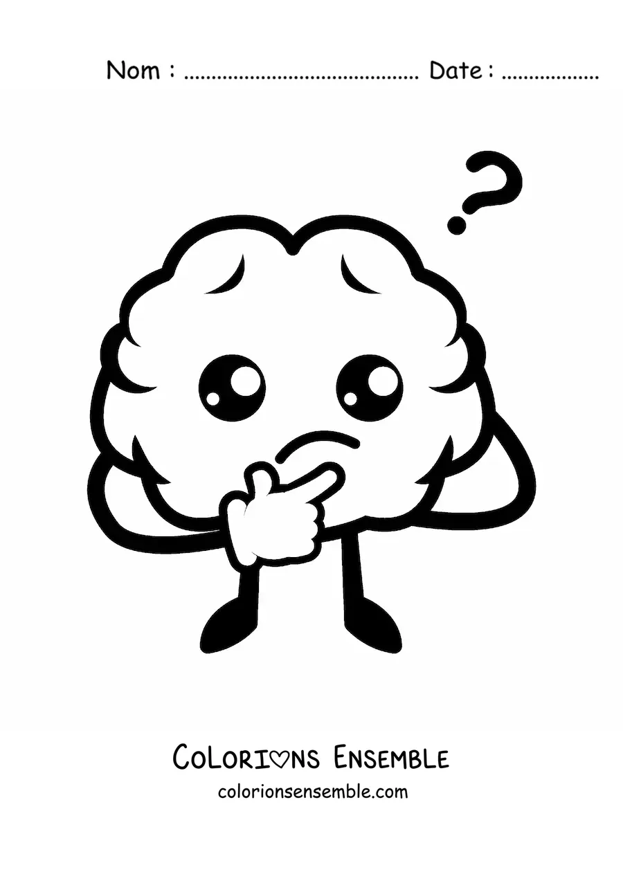 Image à colorier d'un cerveau kawaii qui réfléchit