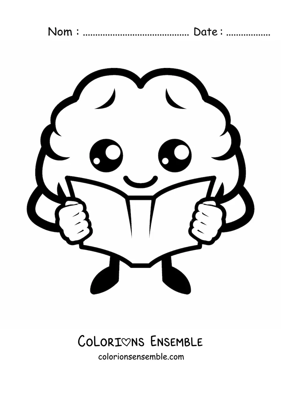 Image à colorier d'un cerveau kawaii animé qui lit un livre