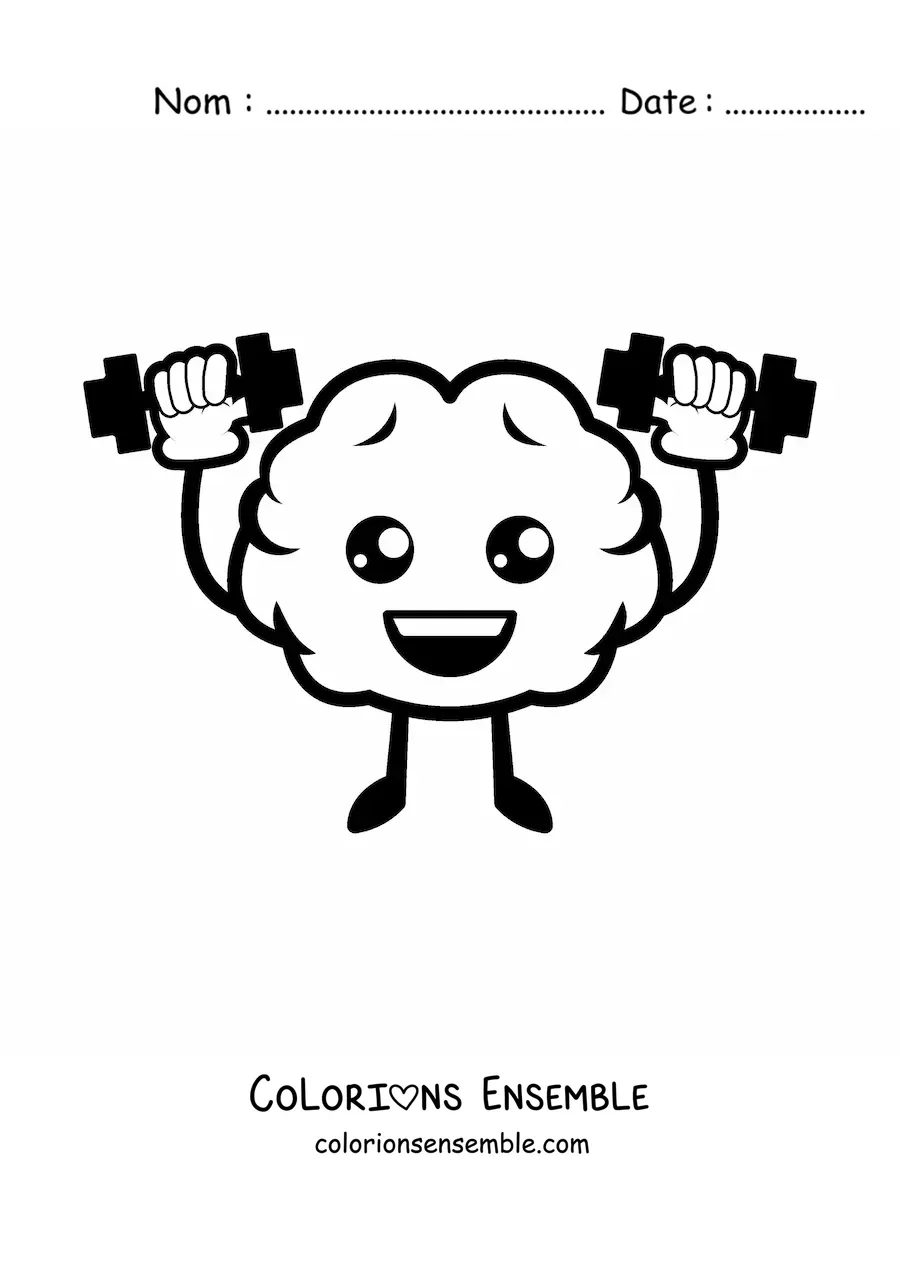 Image à colorier d'un cerveau kawaii animé qui fait des exercices