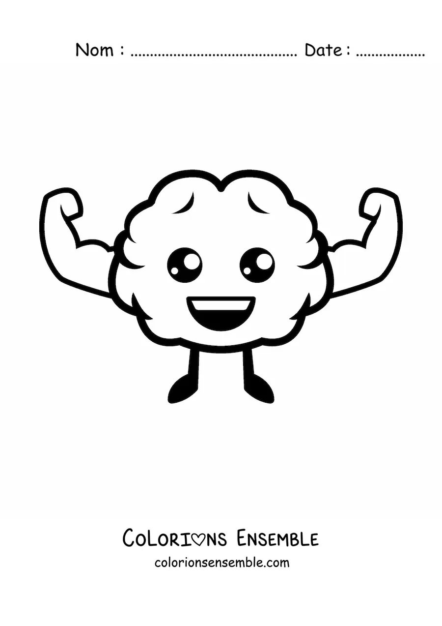 Image à colorier d'un cerveau kawaii animé et fort