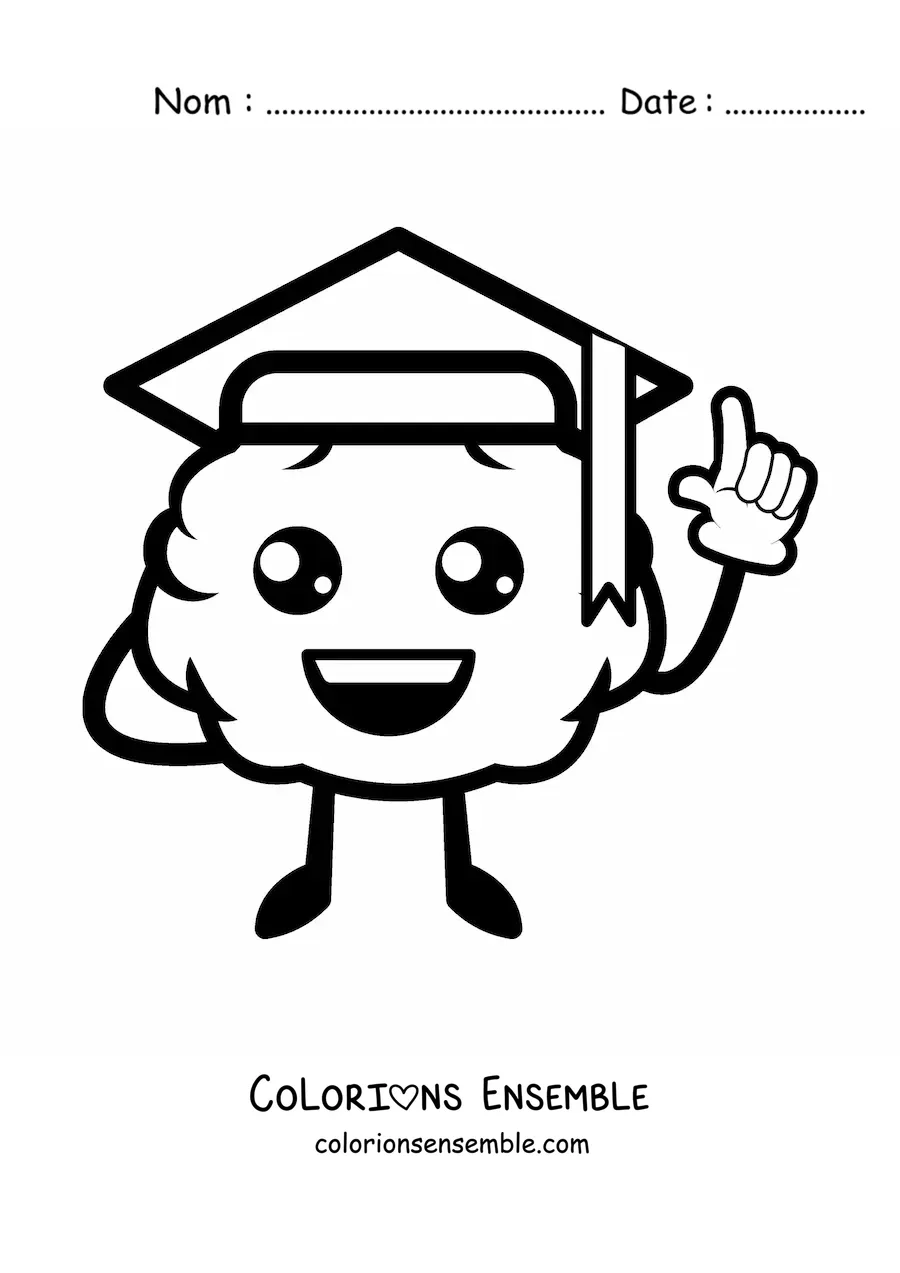 Image à colorier d'un cerveau kawaii animé avec une toque de diplômé