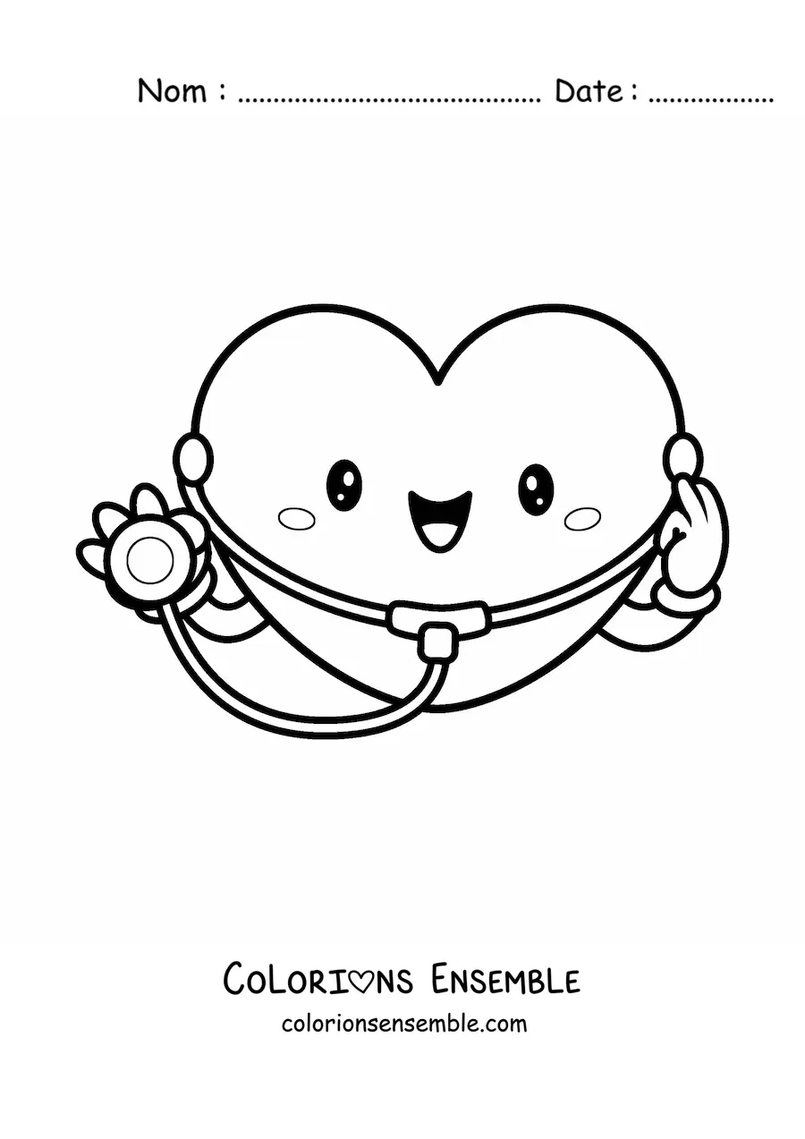 Image à colorier d'un mignon cœur animé avec un stéthoscope