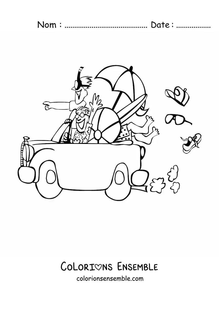 Image à colorier de jeunes en voiture sur le chemin de la plage