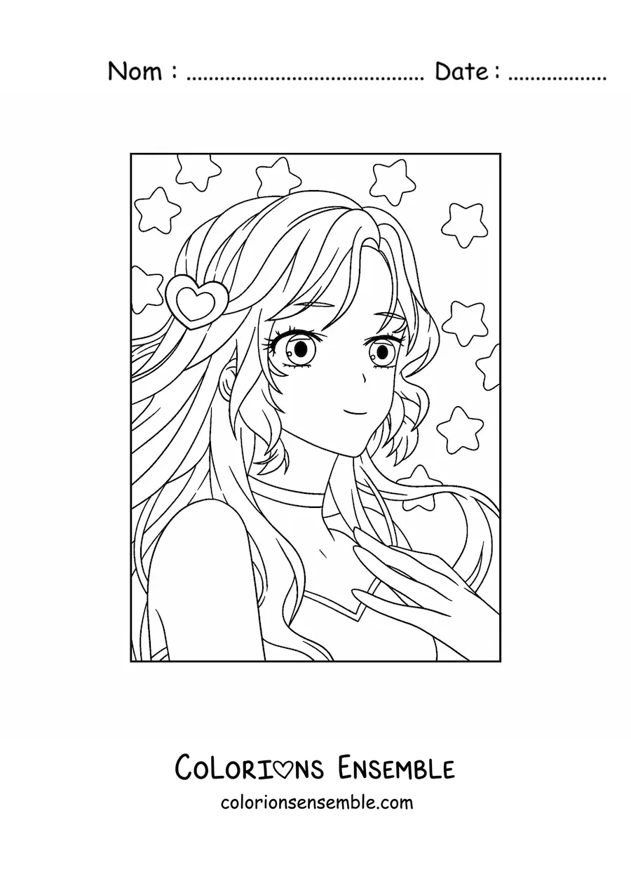Image à colorier d'un visage de fille anime kawaii avec de grands yeux