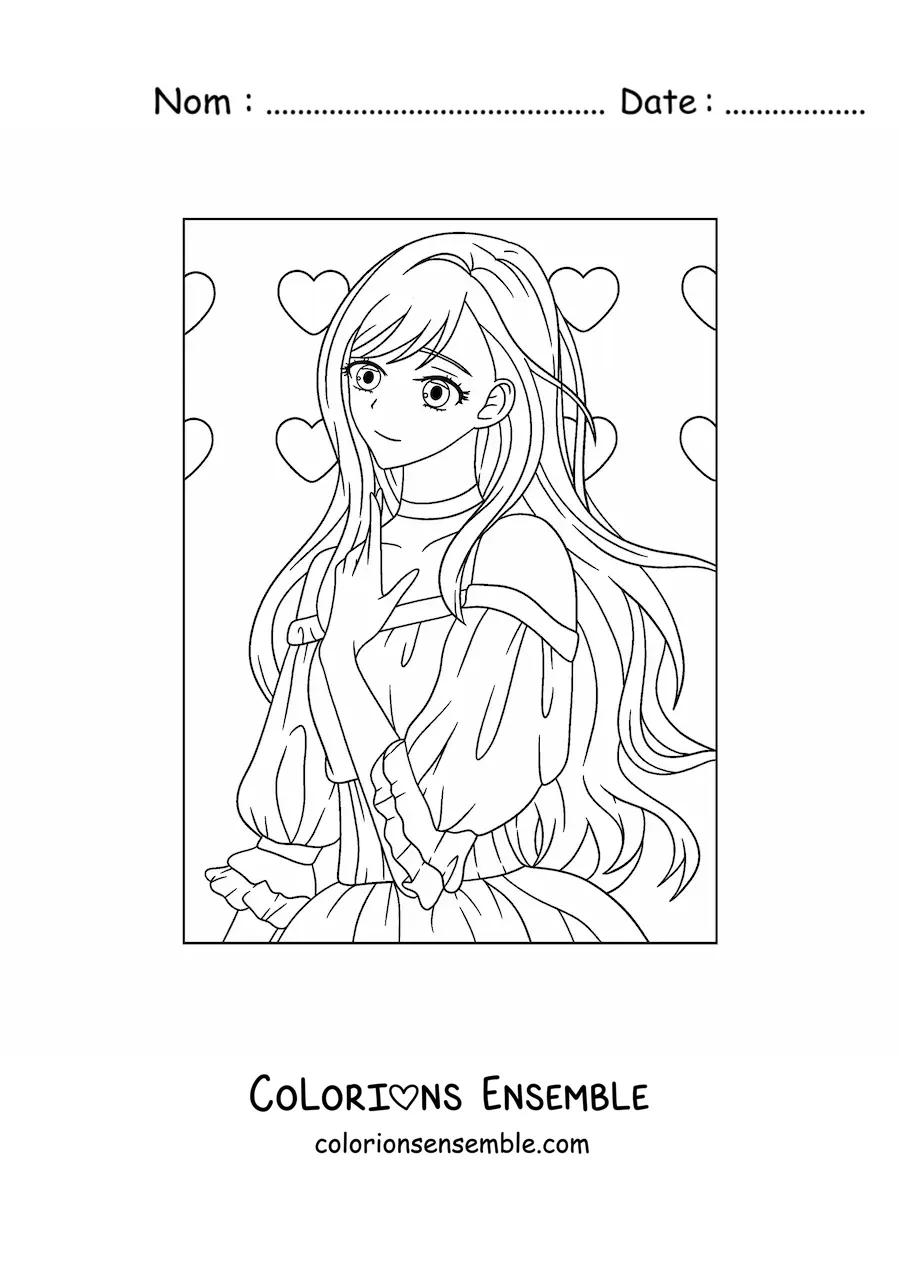 Image à colorier d'une fille anime kawaii avec des cœurs