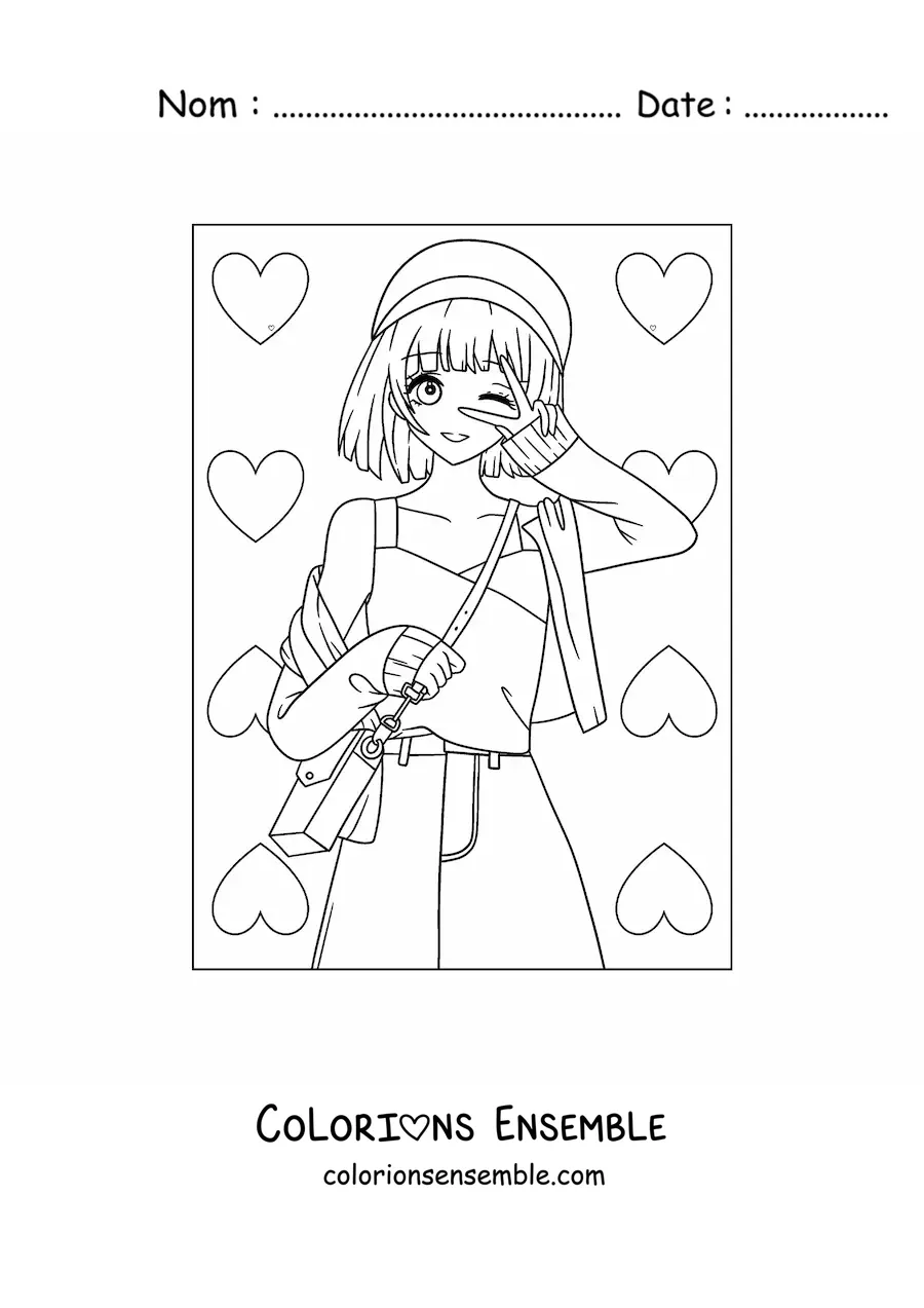 Image à colorier d'une mignonne fille anime avec des cœurs