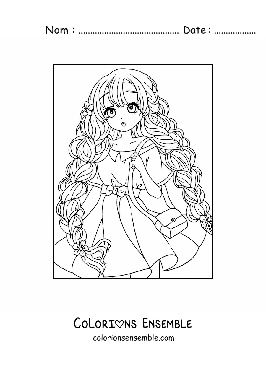 Image à colorier d'une belle fille anime avec une coiffure tressée