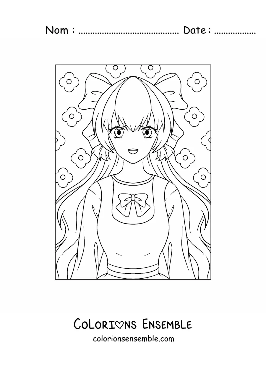 Image à colorier d'une poupée anime kawaii avec un nœud