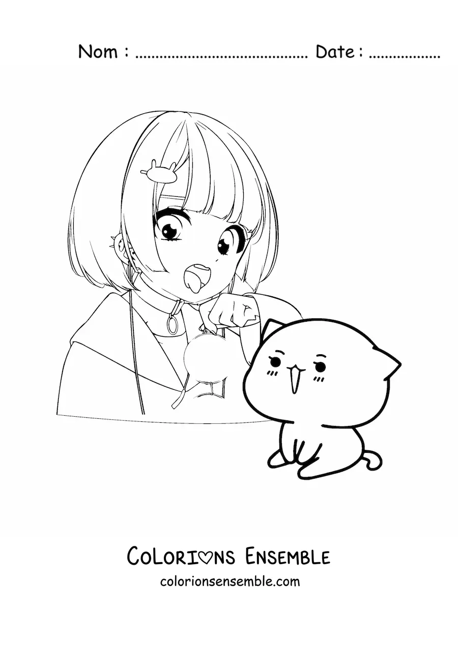 Image à colorier d'une fille anime kawaii avec un chat