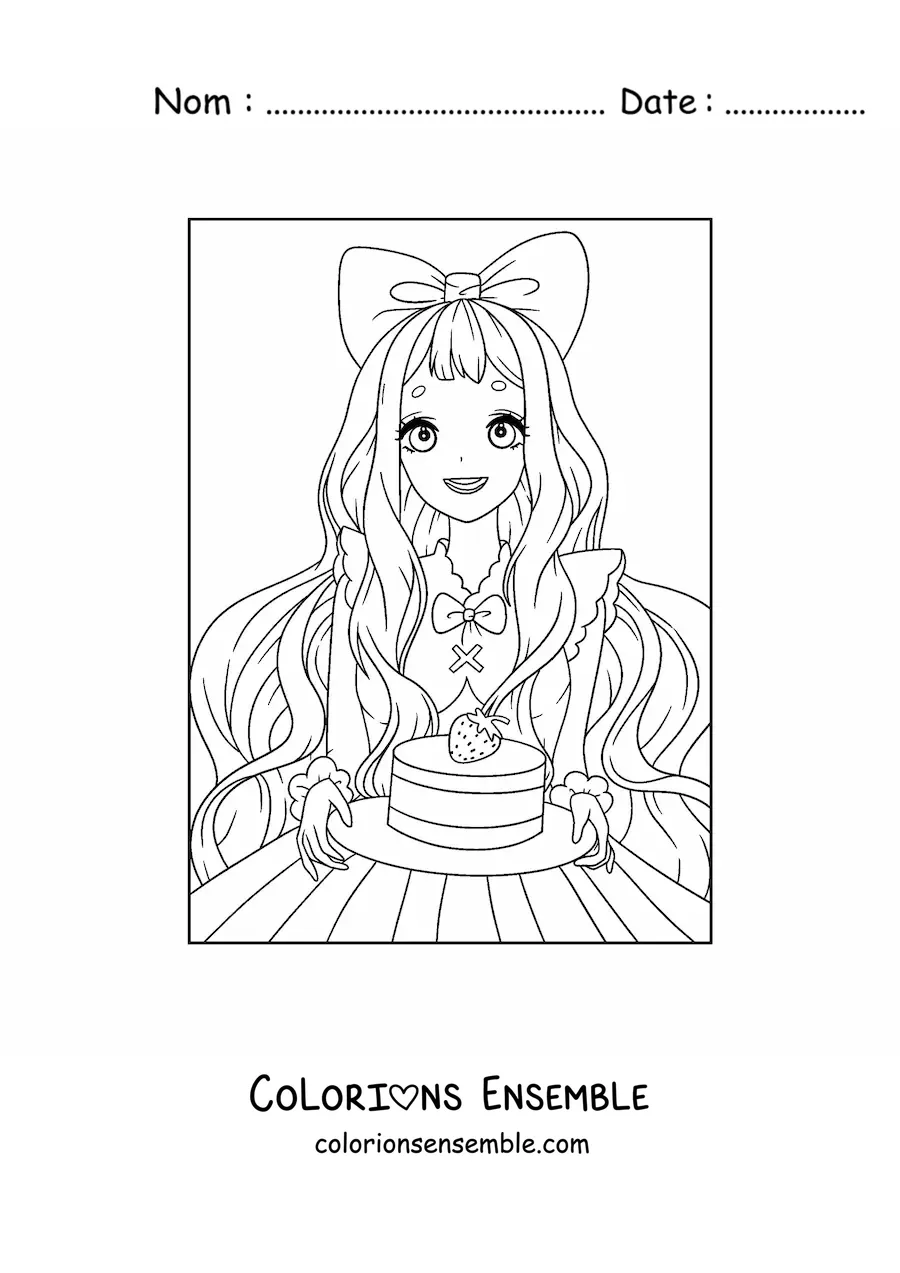 Image à colorier d'une belle poupée anime kawaii avec un gâteau à la fraise