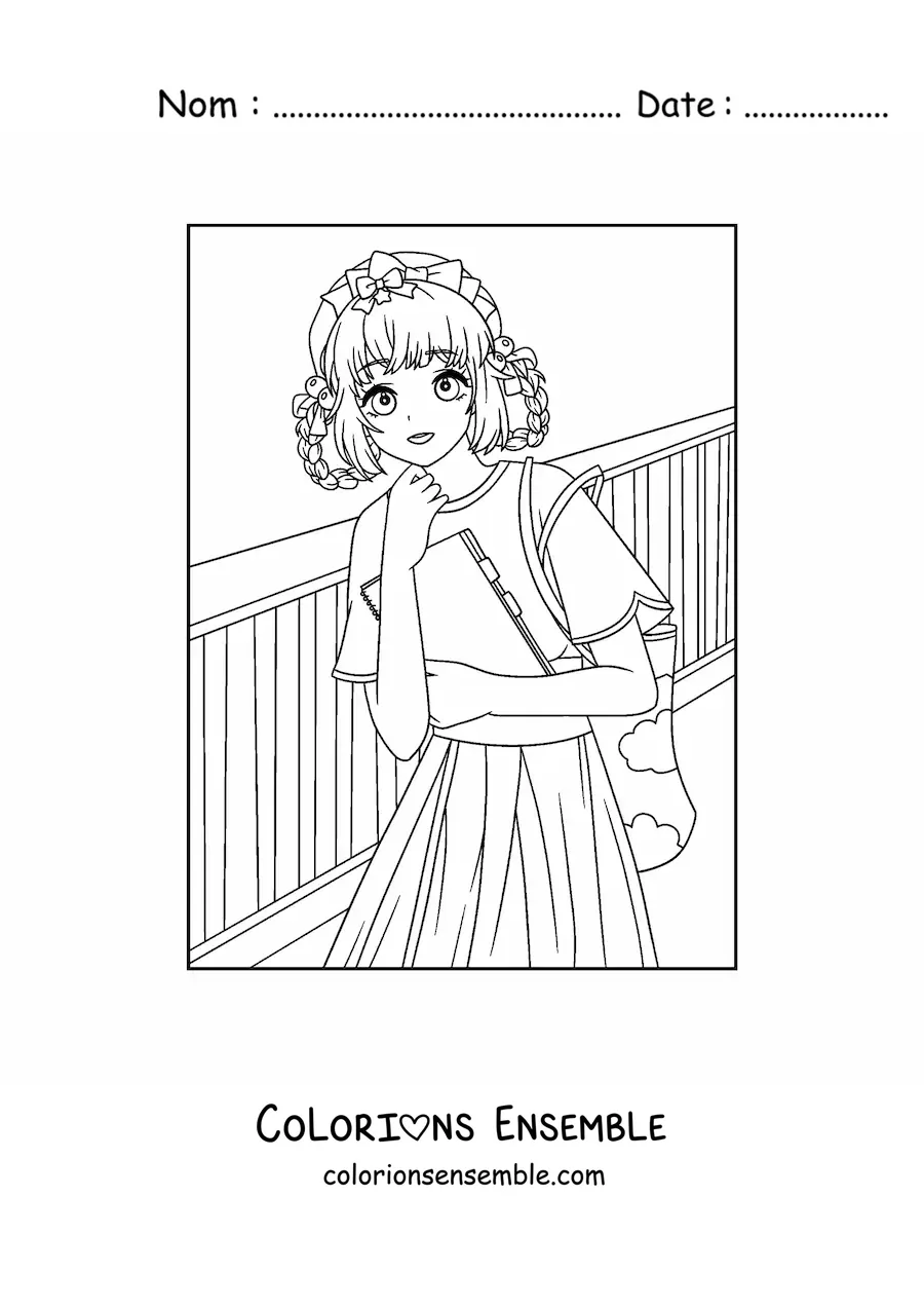 Image à colorier d'une fille anime kawaii à l'école