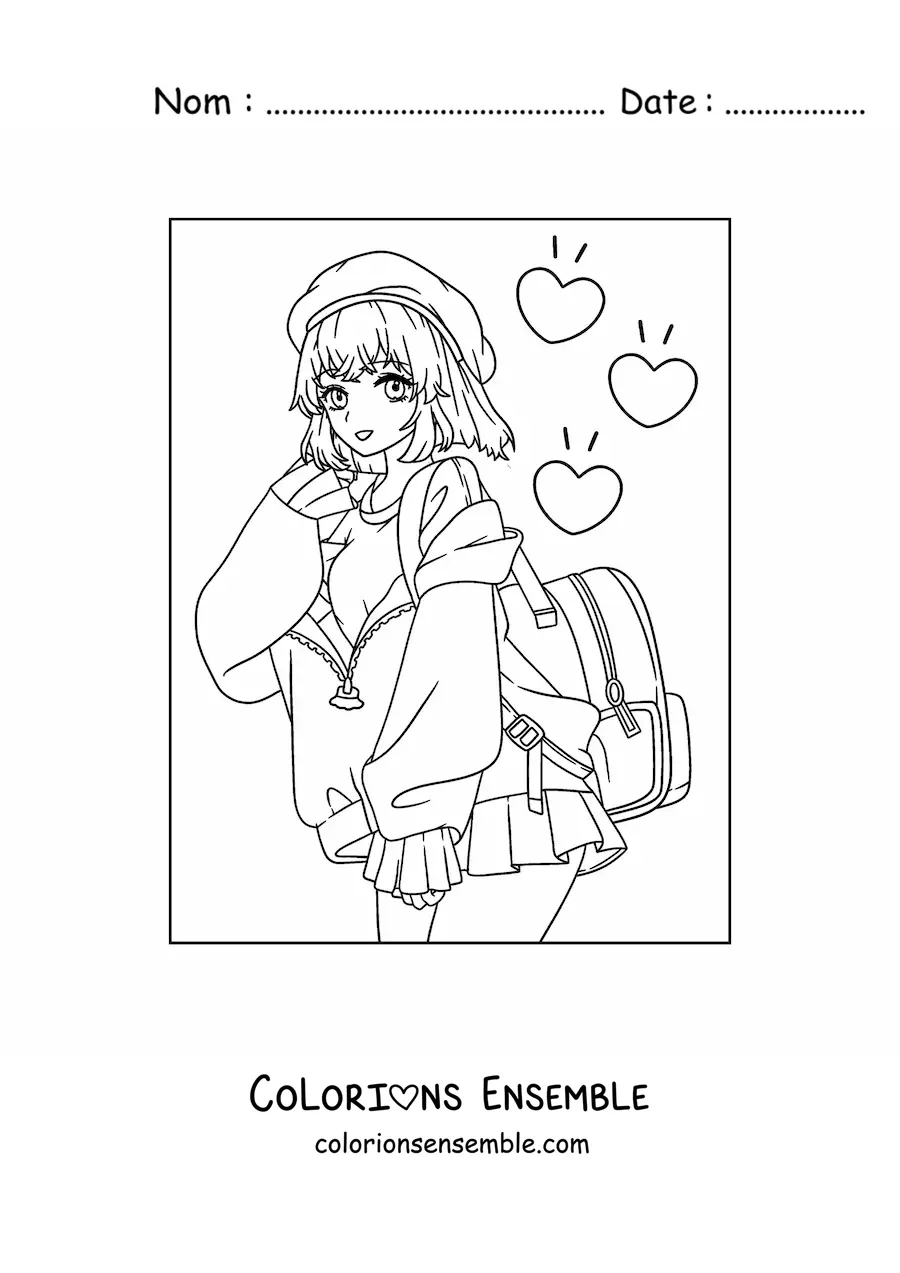 Image à colorier d'une fille anime kawaii avec une jupe et des cœurs