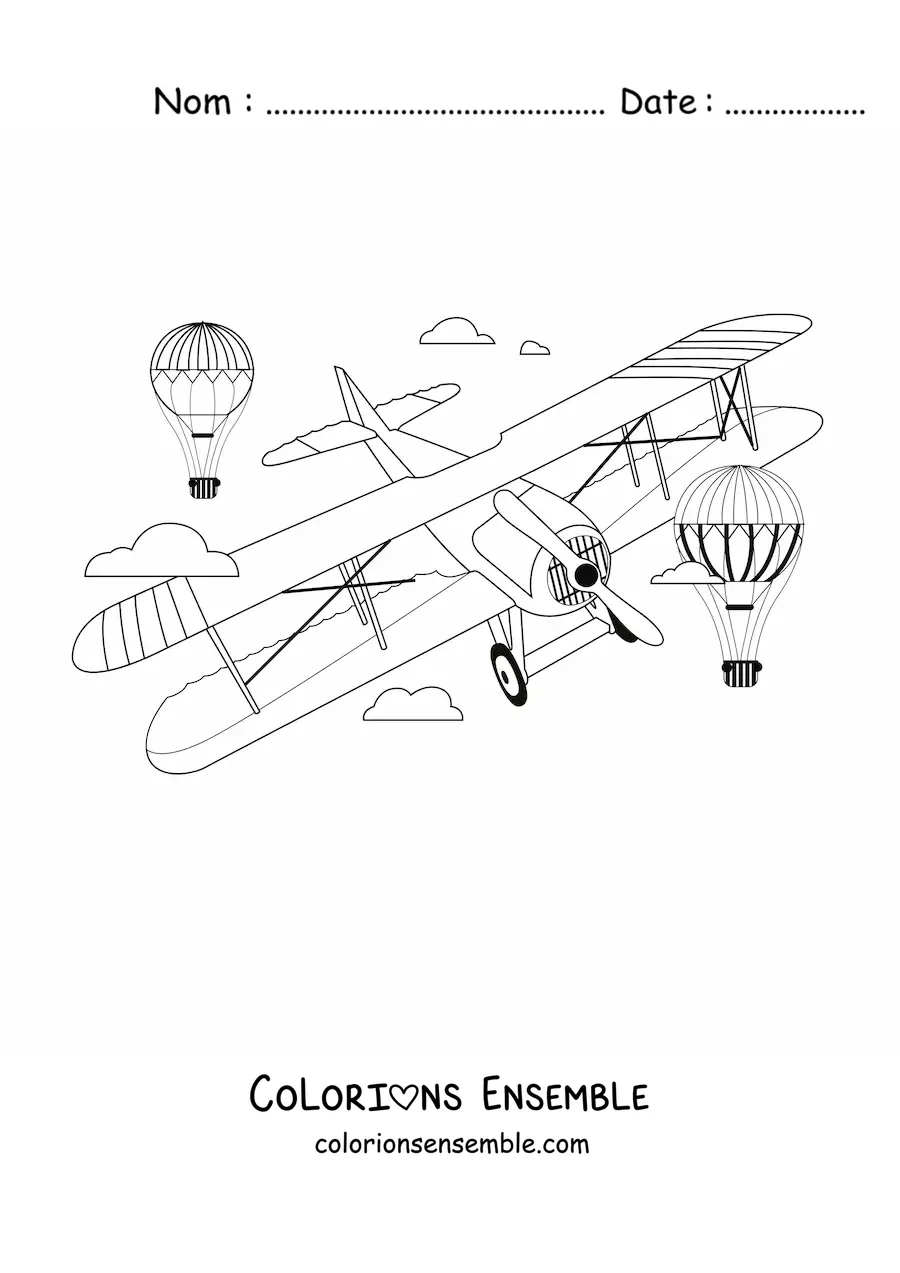 Image à colorier d'un avion qui vole avec deux montgolfières