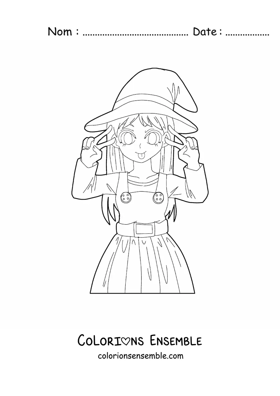 Image à colorier d'une poupée anime kawaii déguisée en sorcière