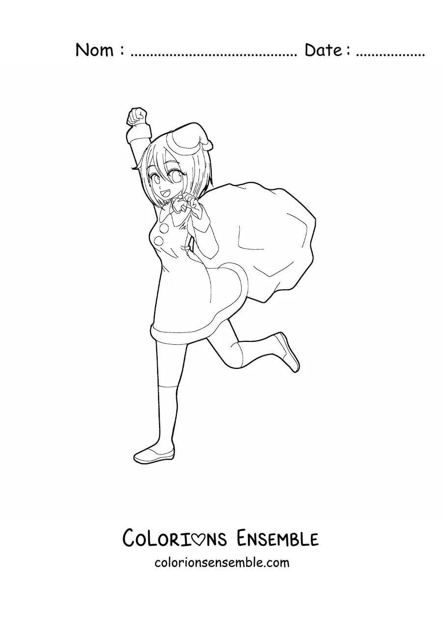 Image à colorier d'une poupée anime kawaii en tenue de Père Noël