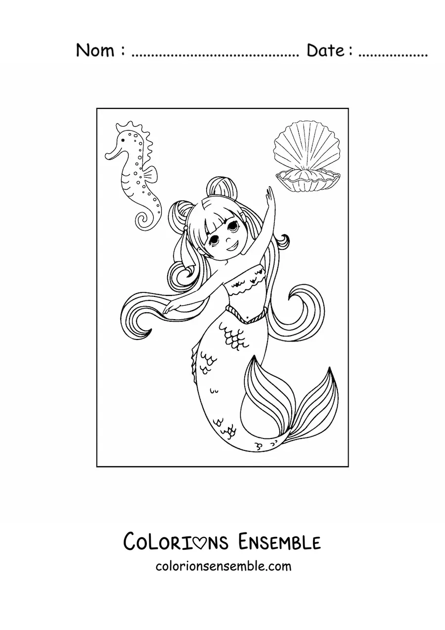 Image à colorier d'une sirène de style anime qui danse avec un hippocampe