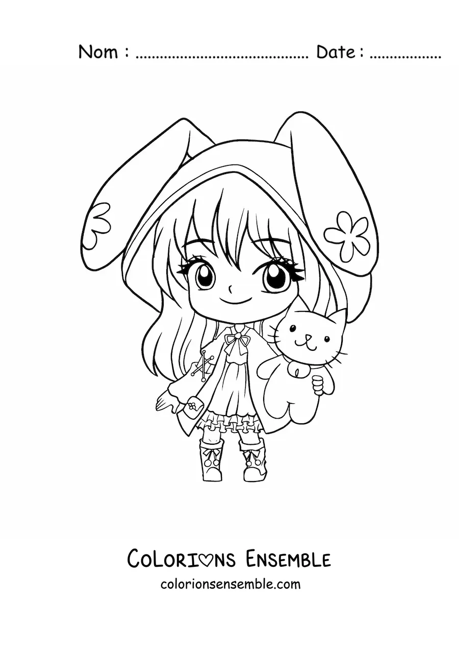 Image à colorier d'une fille kawaii chibi avec des oreilles de lapin
