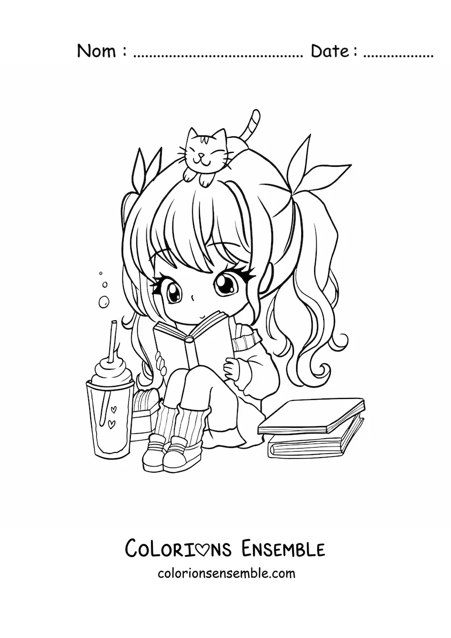 Image à colorier d'une fille kawaii chibi assise qui lit un livre avec un chat