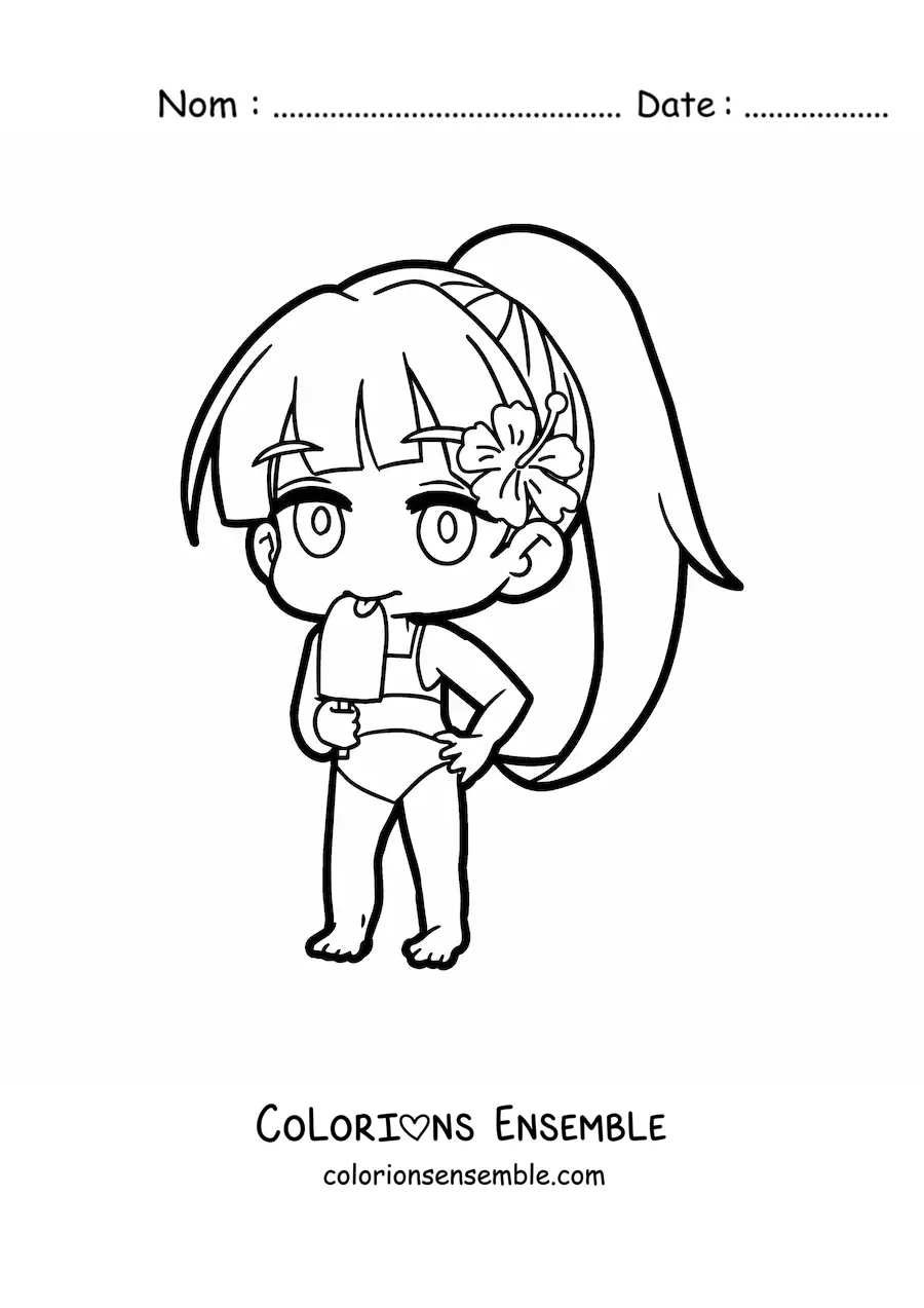 Image à colorier d'une fille kawaii chibi en bikini qui mange une glace