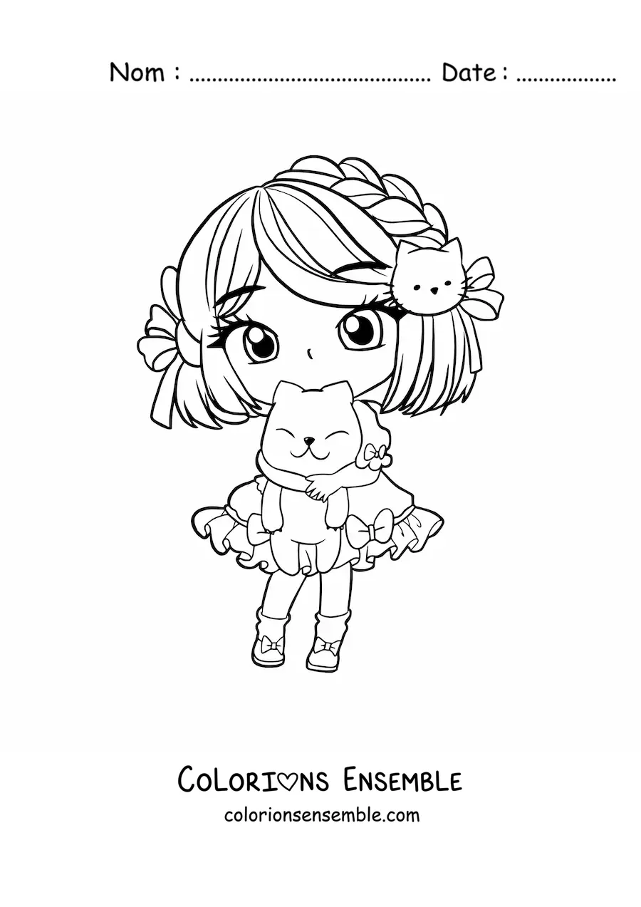 Image à colorier d'une fille kawaii chibi avec un chat