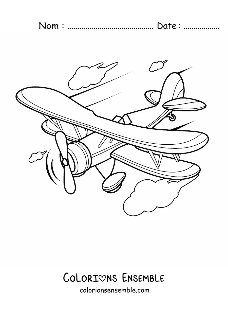 Image à colorier d'un avion qui vole avec des nuages au fond