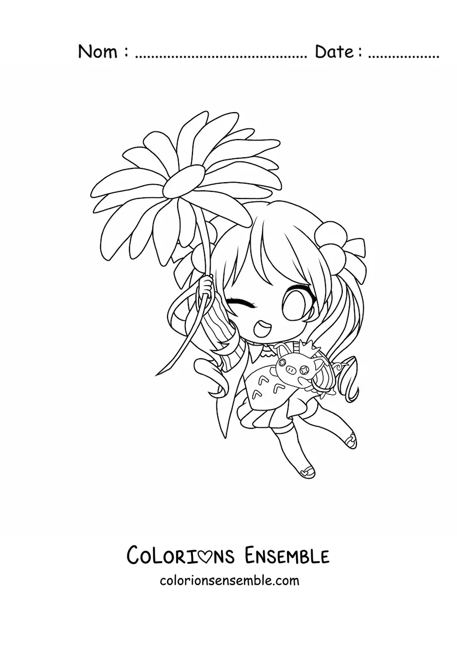 Image à colorier d'une petite fille kawaii chibi avec une fleur