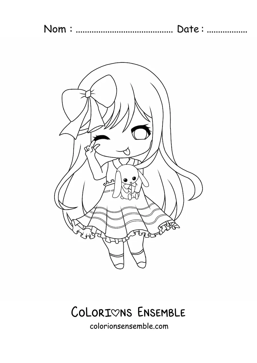 Image à colorier d'une grande fille kawaii chibi avec une peluche de lapin
